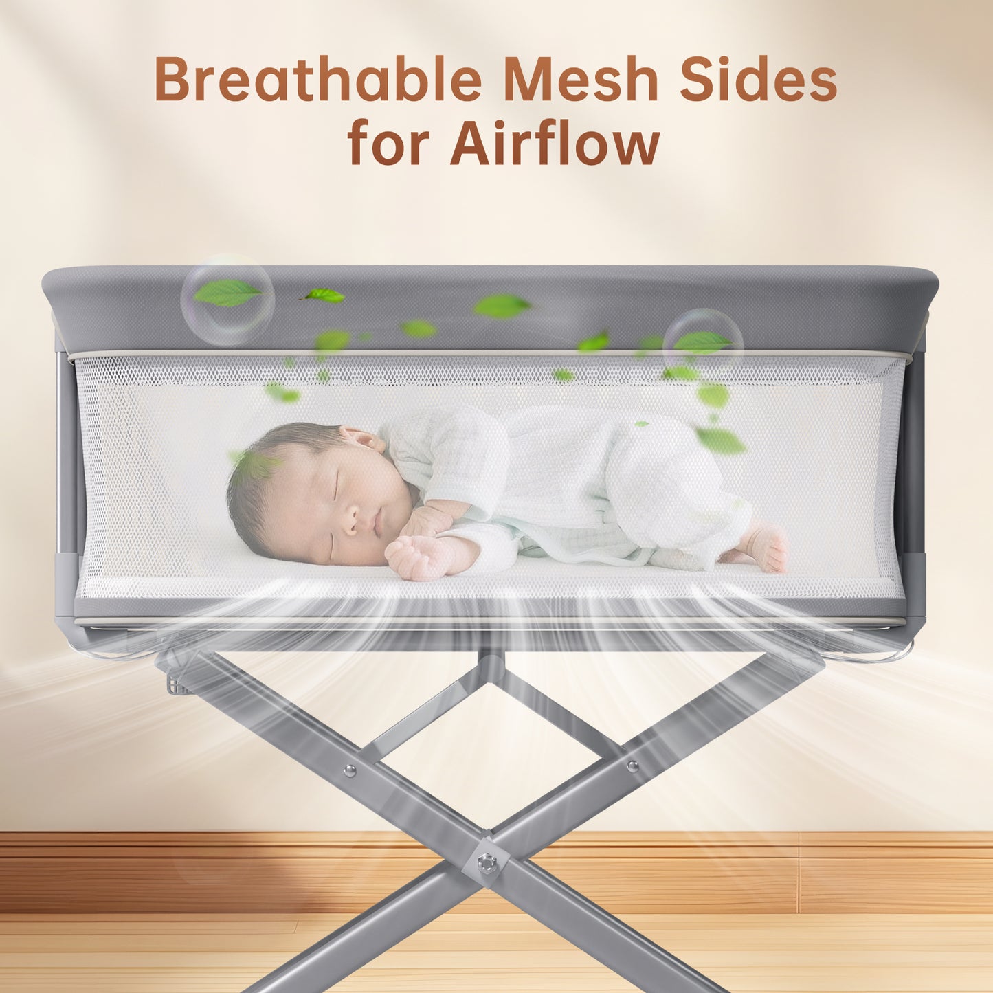 Vipsafe Baby Bassinet, Adjustable Bedside Sleeper for 0-6 Months Baby, Breathable Mesh with Wheels, Gray