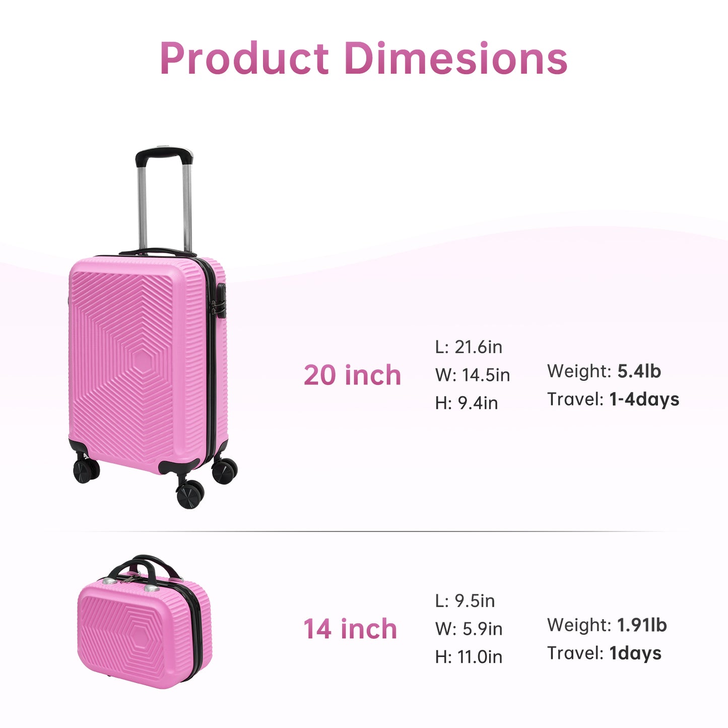 Babyqueen 2 Piece Luggage Sets, Lightweight Carry On Luggage with Spinner Wheels,Pink