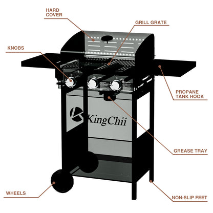 Kingchii 3-Burner Propane Grill, 28,500 BTU BTUs Gas Grill with Foldable Side Tables, Built-in Thermometer for Outdoor Grilling, BBQs and Camping