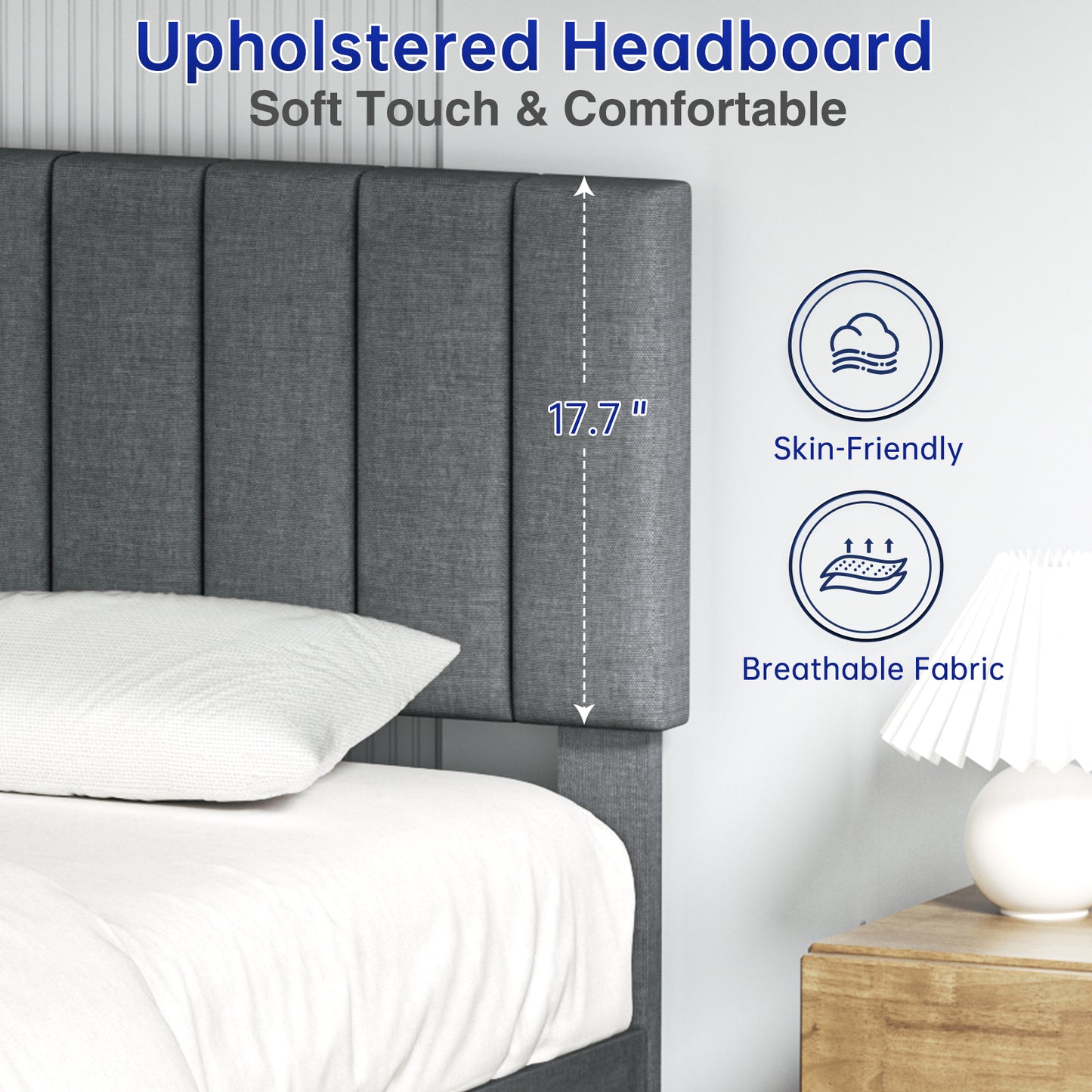 BabyQueen Upholstered Queen Bed Frame with Headboard, Gray Fabric Queen Size Platform Bed Frame with Wood Slat Support for Bedroom, Mattress Foundation for Adults, No Box Spring Needed