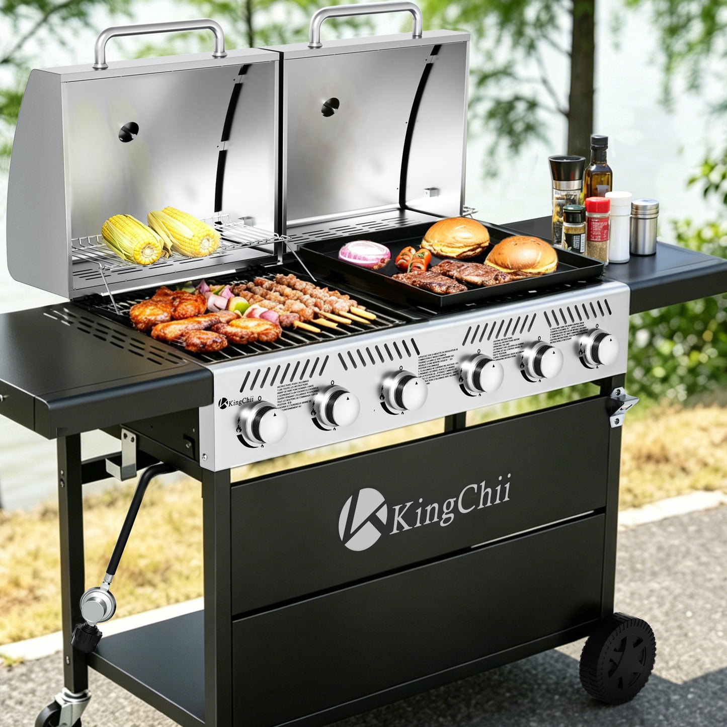 KingChii Propane Gas Grill and Griddle Combo, 2 in 1 Dual Outdoor BBQ with 45,000 BTU for Outdoor Patio Cooking Barbecue