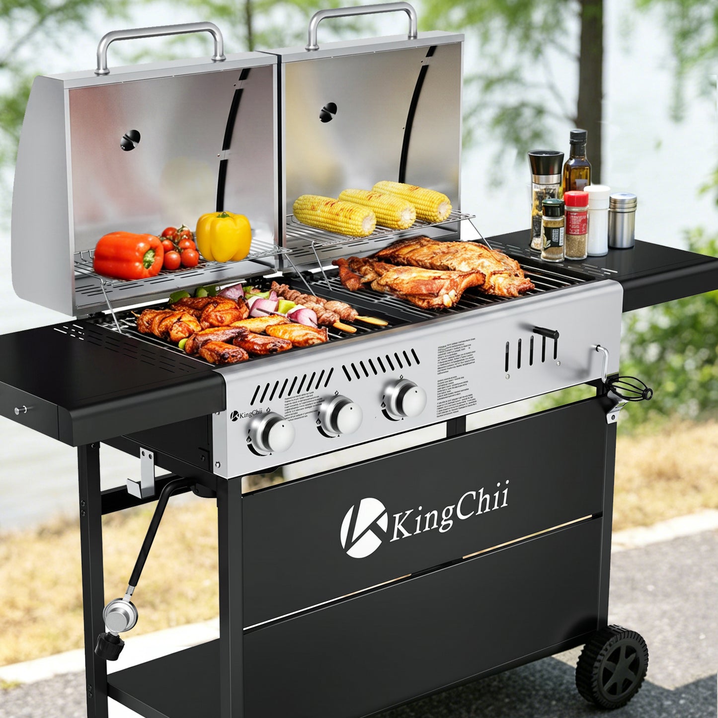 KingChii 3-Burner Gas and Charcoal Grill Combo with 22,500 BTU, Dual Fuel BBQ Smoker for Outdoor Patio Cooking Barbecue