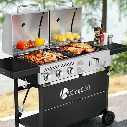 KingChii 3-Burner Gas and Charcoal Grill Combo with 22,500 BTU, Dual Fuel BBQ Smoker for Outdoor Patio Cooking Barbecue