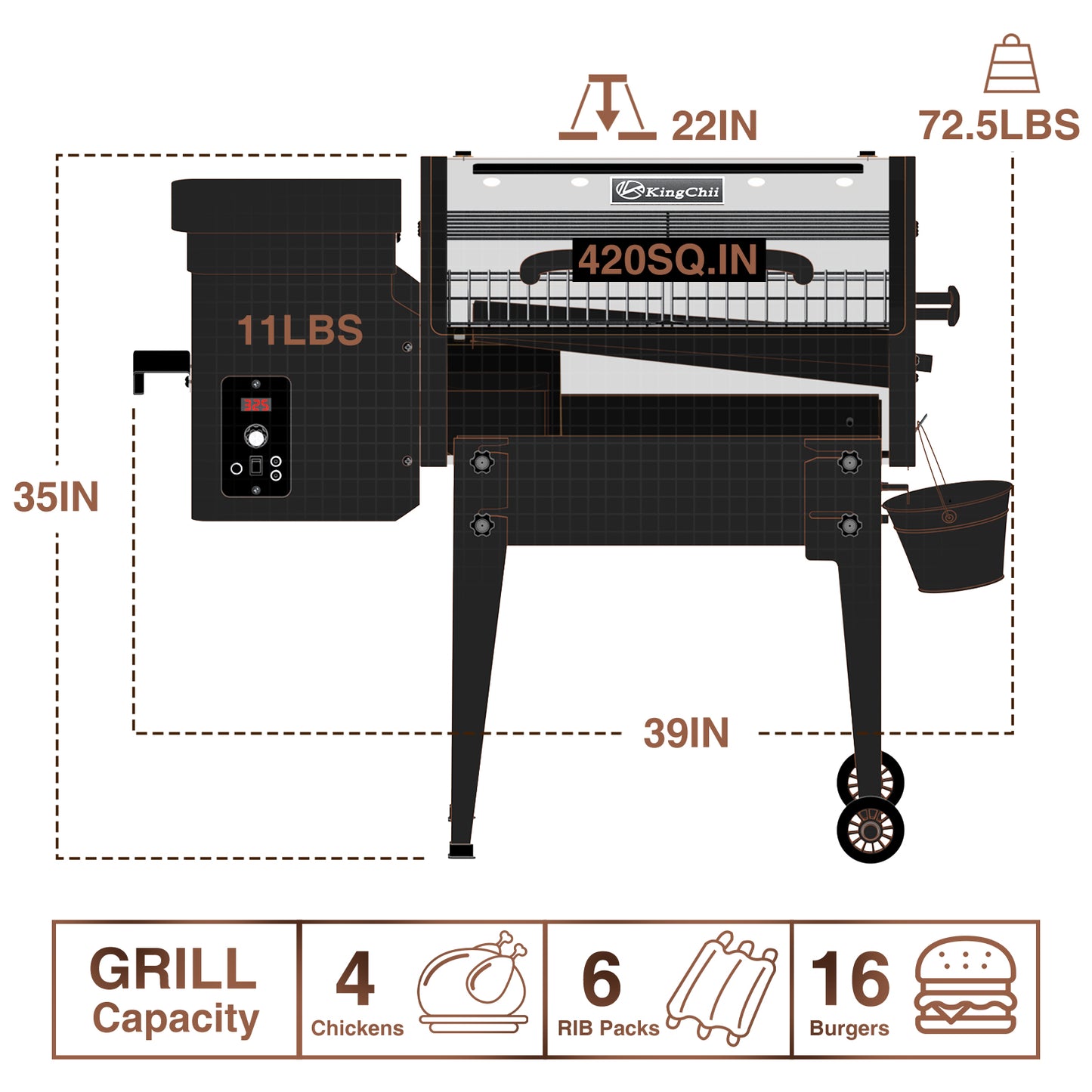 KingChii 456 sq. in Wood Pellet Smoker & Grill BBQ with Auto Temperature Control, Folding Legs for Outdoor Patio RV, Bronze