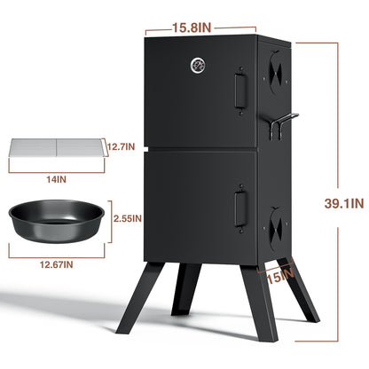 Kingchii Vertical Charcoal Smoker BBQ Grill with Built-in Thermometer, Portable Smoker for Backyard, Camping, Barbecue, and Outdoor Grilling