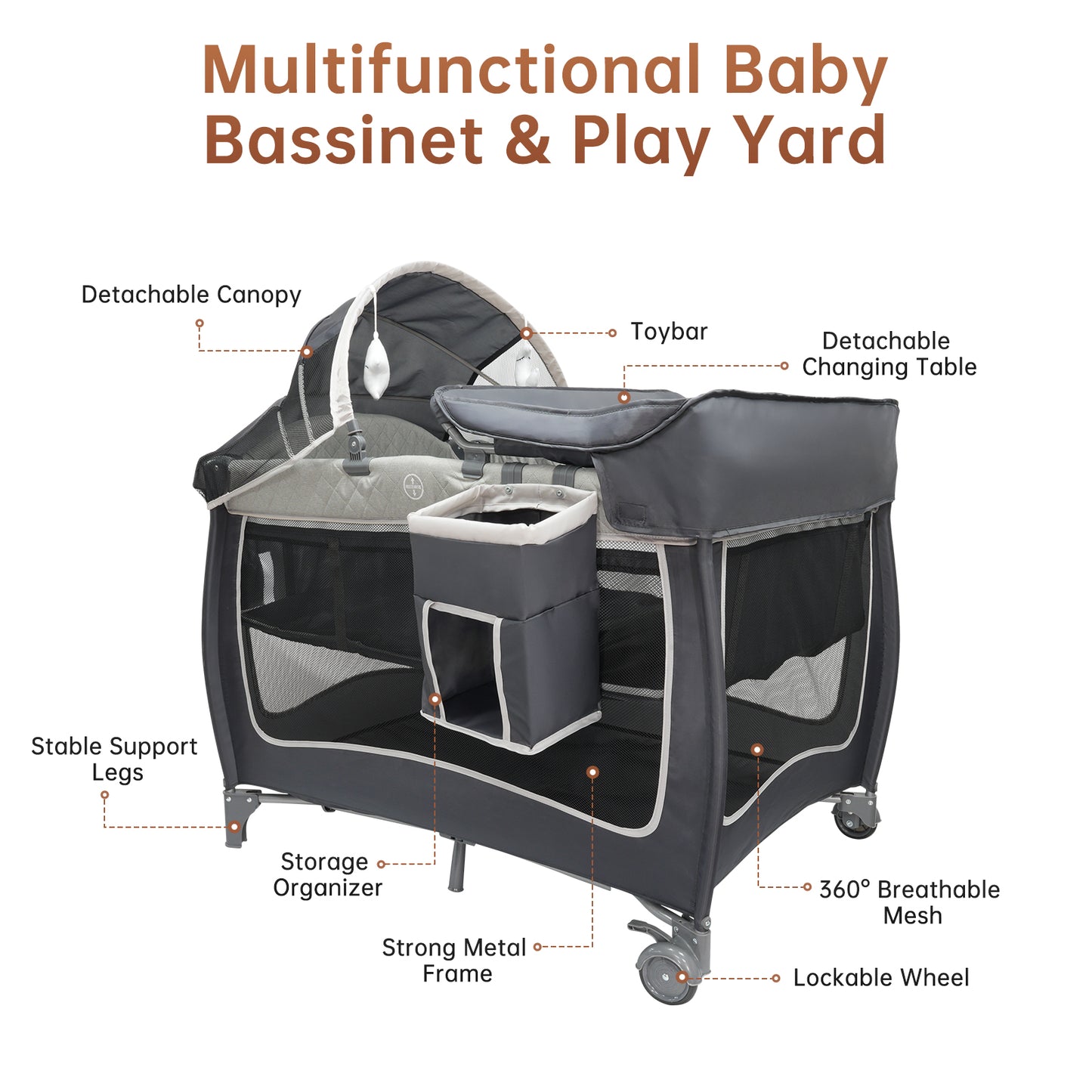 Vipsafe 5-in-1 Unisex Portable Baby Playard with Wheels Canopy Changing Table & Storage Bag, Grey
