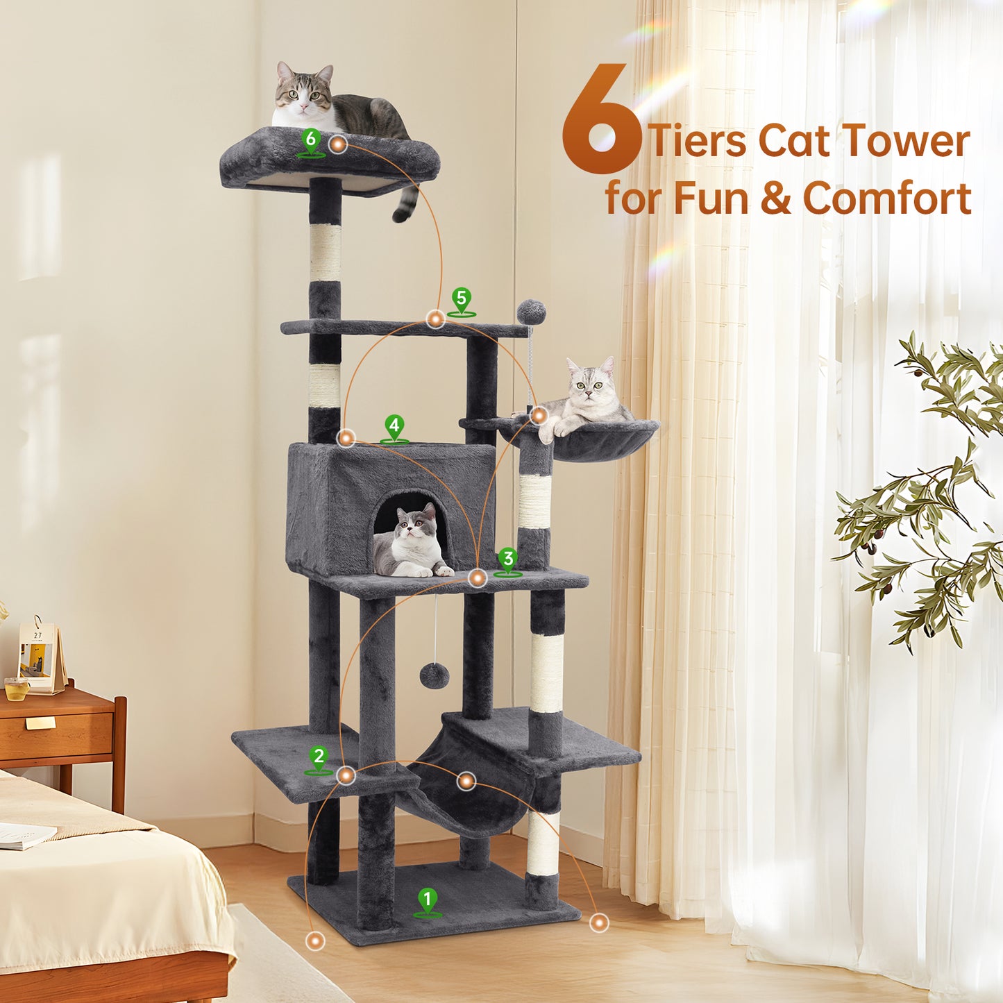 Vipsafe 63.8 in Cat Tree Tower with 6 Tiers, Scratch Posts, Toys, Perfect for Active Cats, Dark Gray