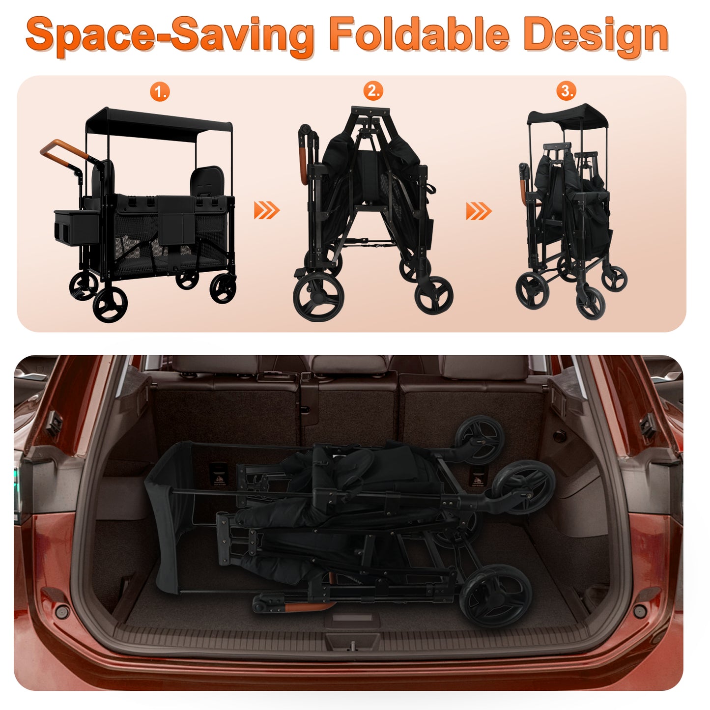 Vipsafe Foldable Wagon Stroller for 2 Kids, Multifunctional Wagon with Detachable Canopy, Adjustable Handlebars, Removable Seats, and Easy Storage