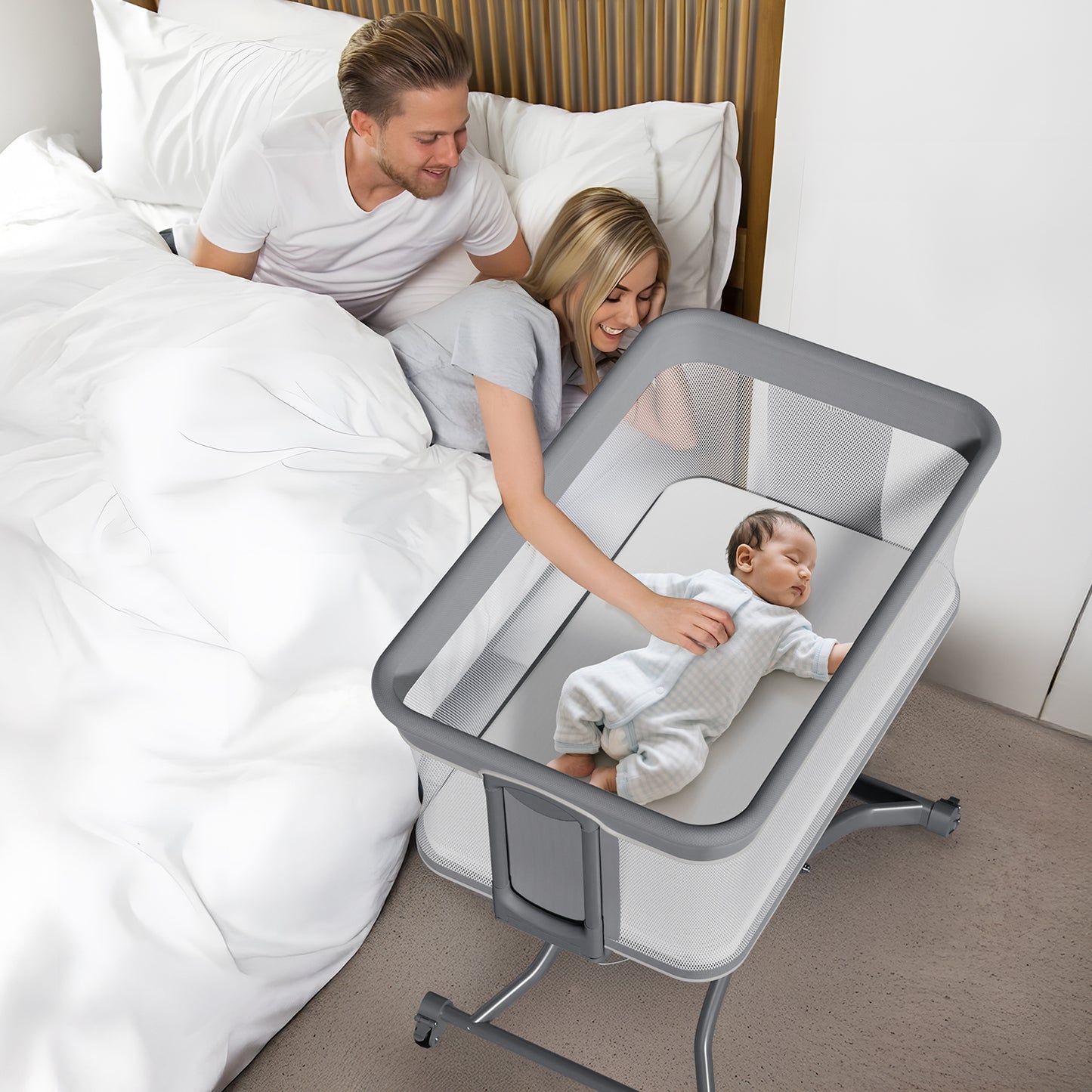 Vipsafe Baby Bassinet, Adjustable Bedside Sleeper for 0-6 Months Baby, Breathable Mesh with Wheels, Gray