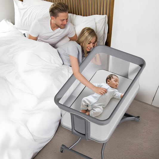 Vipsafe Baby Bassinet, Adjustable Bedside Sleeper for 0-6 Months Baby, Breathable Mesh with Wheels, Gray