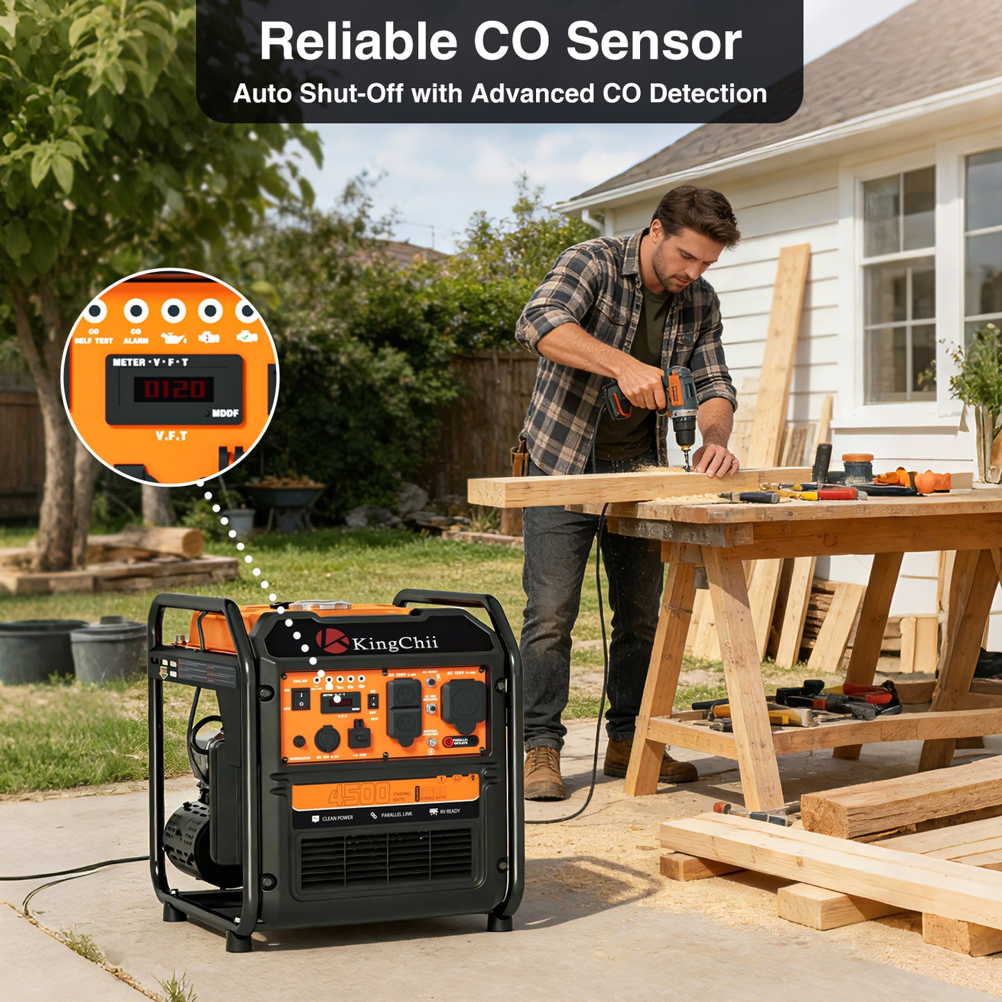 KingChii 4500W Inverter Generator Gas Powered, Open Frame Generator with CO Sensor, Portable Outdoor Power Equipment for Camping, RV & Home Backup, EPA Compliant