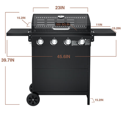 4-Burner Propane Grill Smoker, Kingchii 38,000 BTUs Gas Grill with Foldable Side Tables, Built-in Thermometer for Outdoor Grilling, BBQs and Camping
