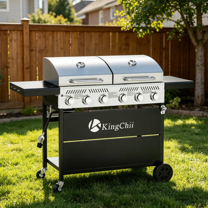 KingChii Propane Gas Grill and Griddle Combo, 2 in 1 Dual Outdoor BBQ with 45,000 BTU for Outdoor Patio Cooking Barbecue