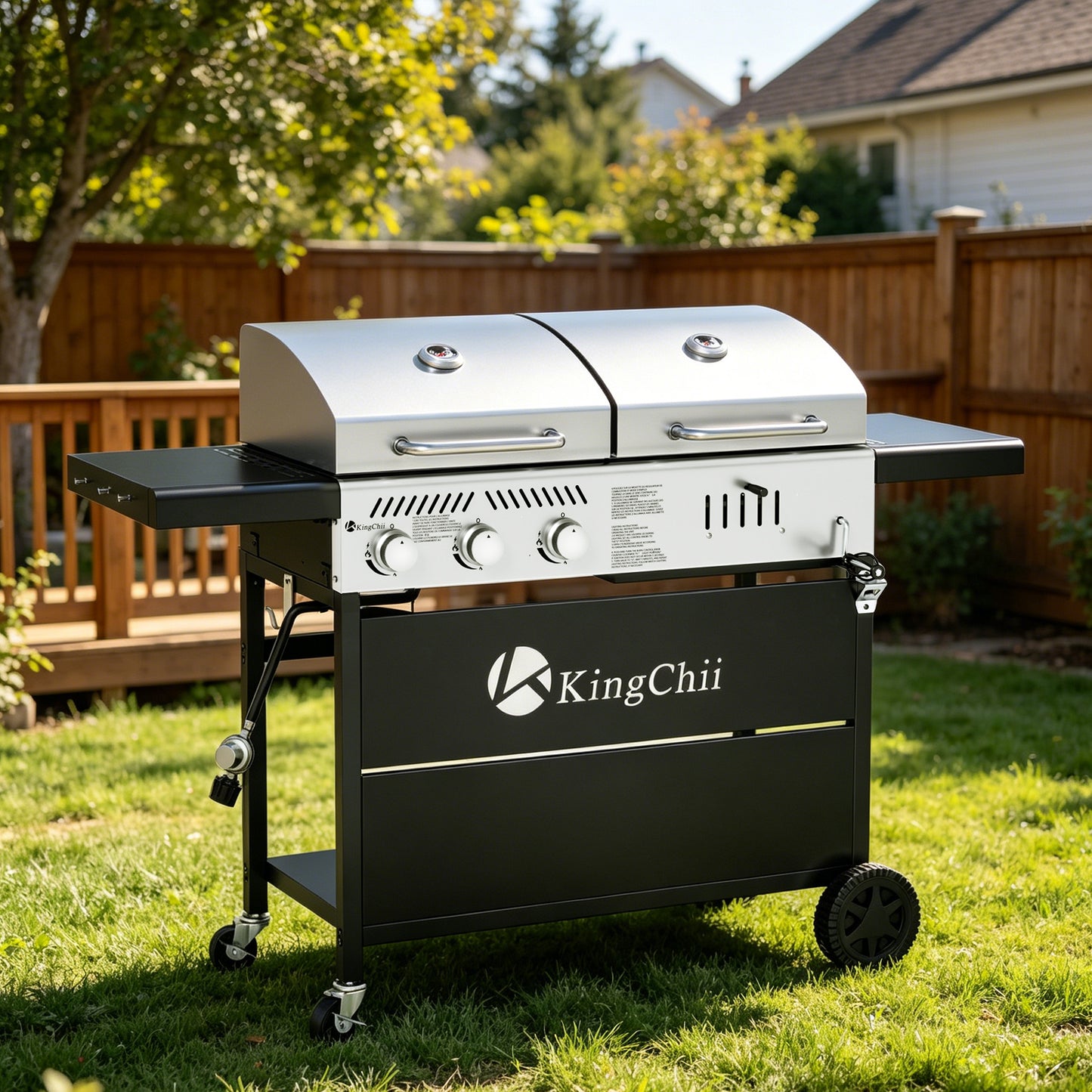 KingChii 3-Burner Gas and Charcoal Grill Combo with 22,500 BTU, Dual Fuel BBQ Smoker for Outdoor Patio Cooking Barbecue