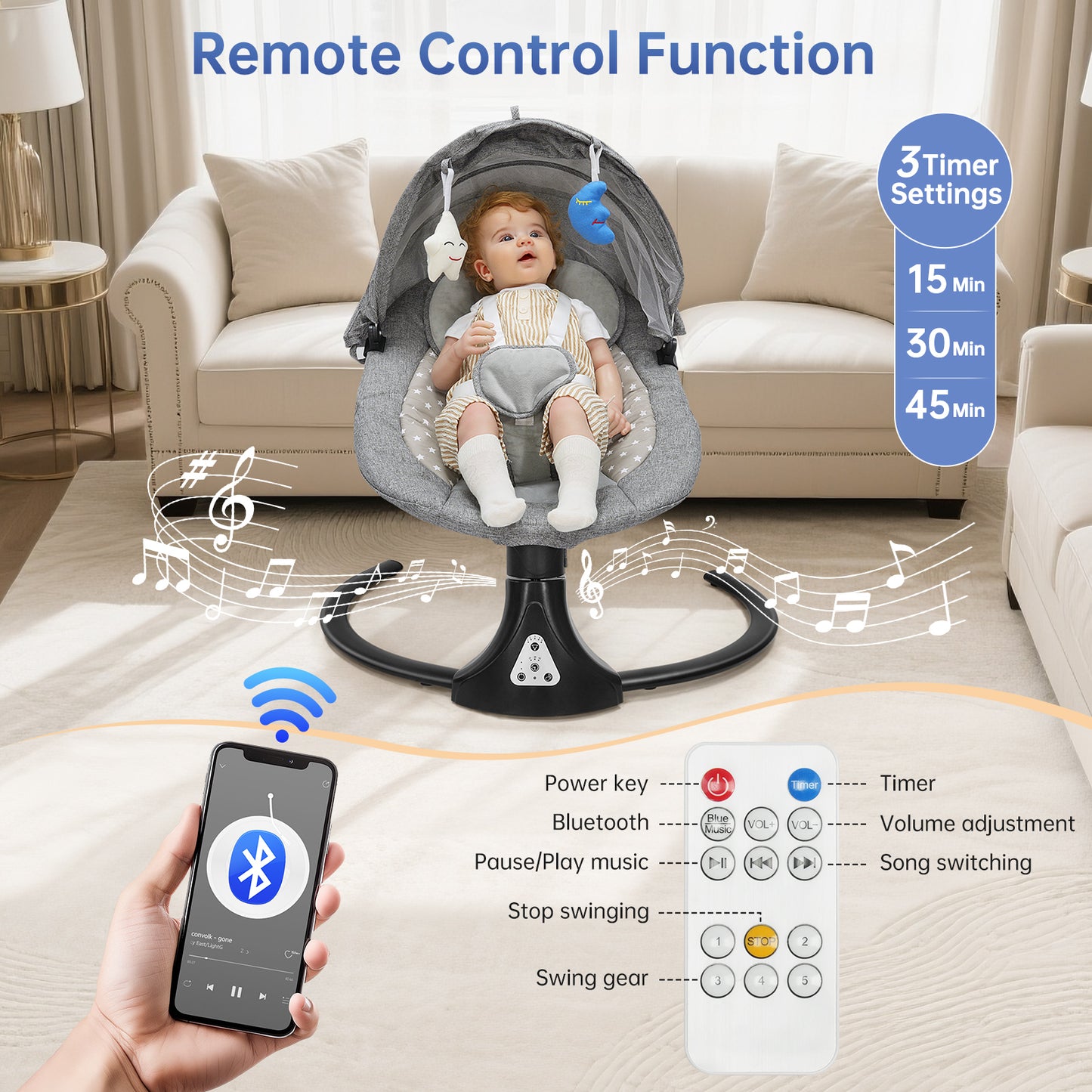 VIPSAFE Baby Swing with Removale Canopy, APP Remote Bluetooth Control, 5 Speed Settings (Grey)