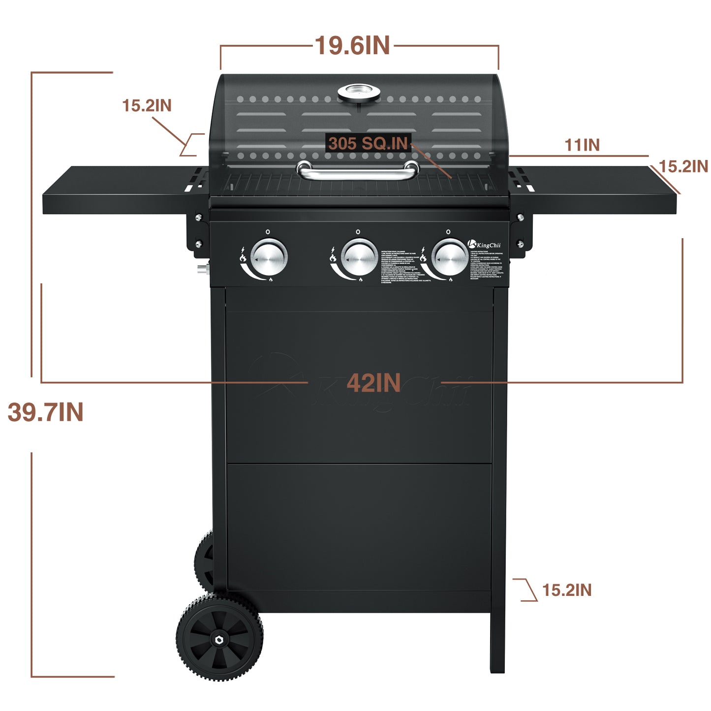 Kingchii 3-Burner Propane Grill, 28,500 BTU BTUs Gas Grill with Foldable Side Tables, Built-in Thermometer for Outdoor Grilling, BBQs and Camping
