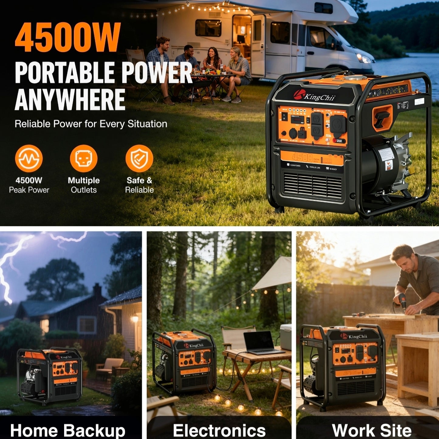 KingChii 4500W Inverter Generator Gas Powered, Open Frame Generator with CO Sensor, Portable Outdoor Power Equipment for Camping, RV & Home Backup, EPA Compliant