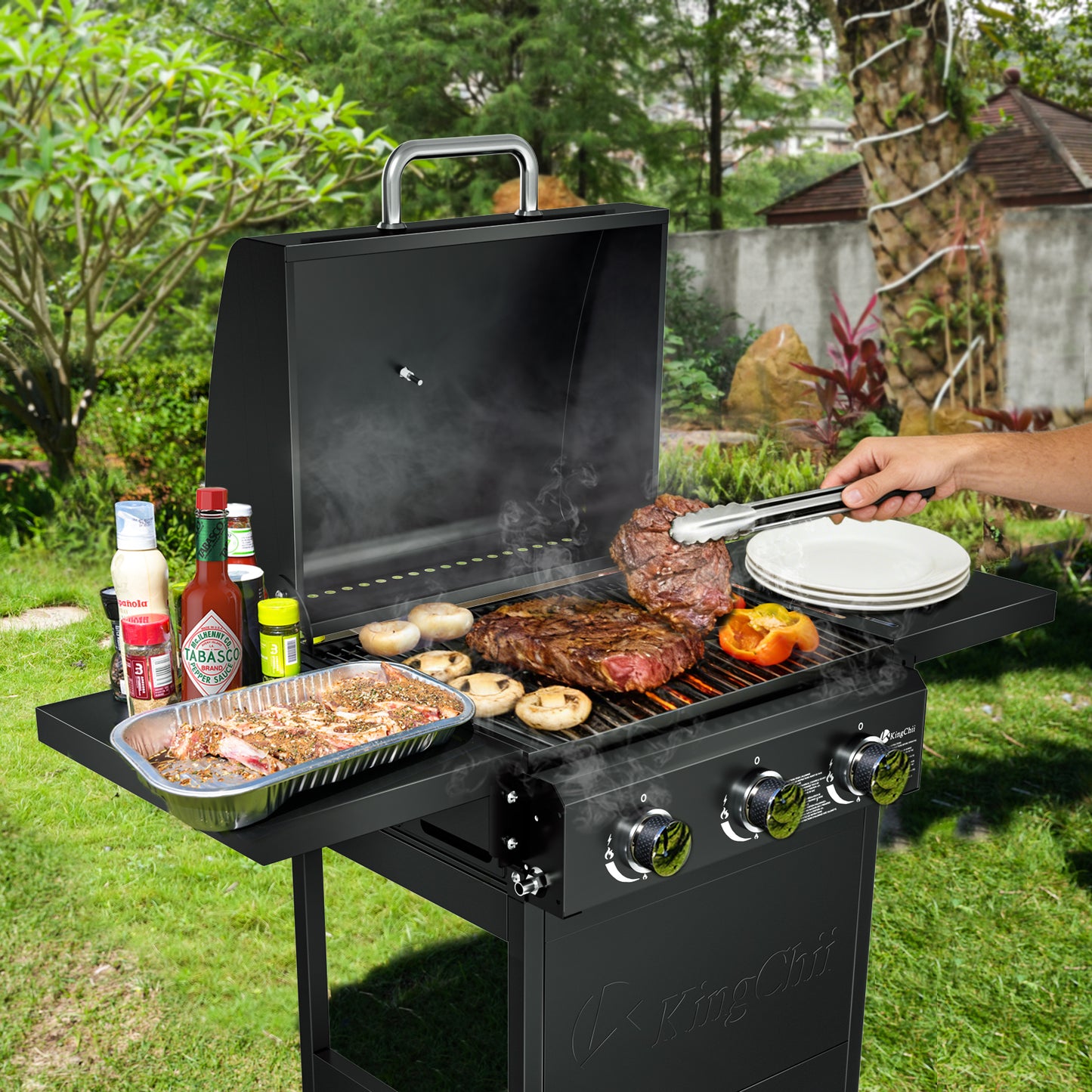 Kingchii 3-Burner Propane Grill, 28,500 BTU BTUs Gas Grill with Foldable Side Tables, Built-in Thermometer for Outdoor Grilling, BBQs and Camping