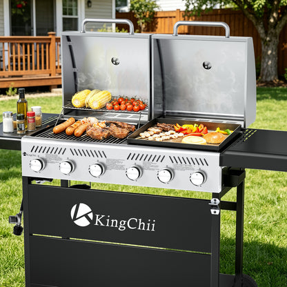 KingChii Propane Gas Grill and Griddle Combo, 2 in 1 Dual Outdoor BBQ with 45,000 BTU for Outdoor Patio Cooking Barbecue