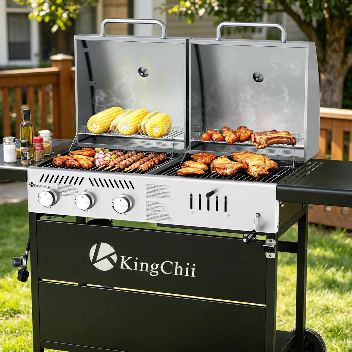 KingChii 3-Burner Gas and Charcoal Grill Combo with 22,500 BTU, Dual Fuel BBQ Smoker for Outdoor Patio Cooking Barbecue