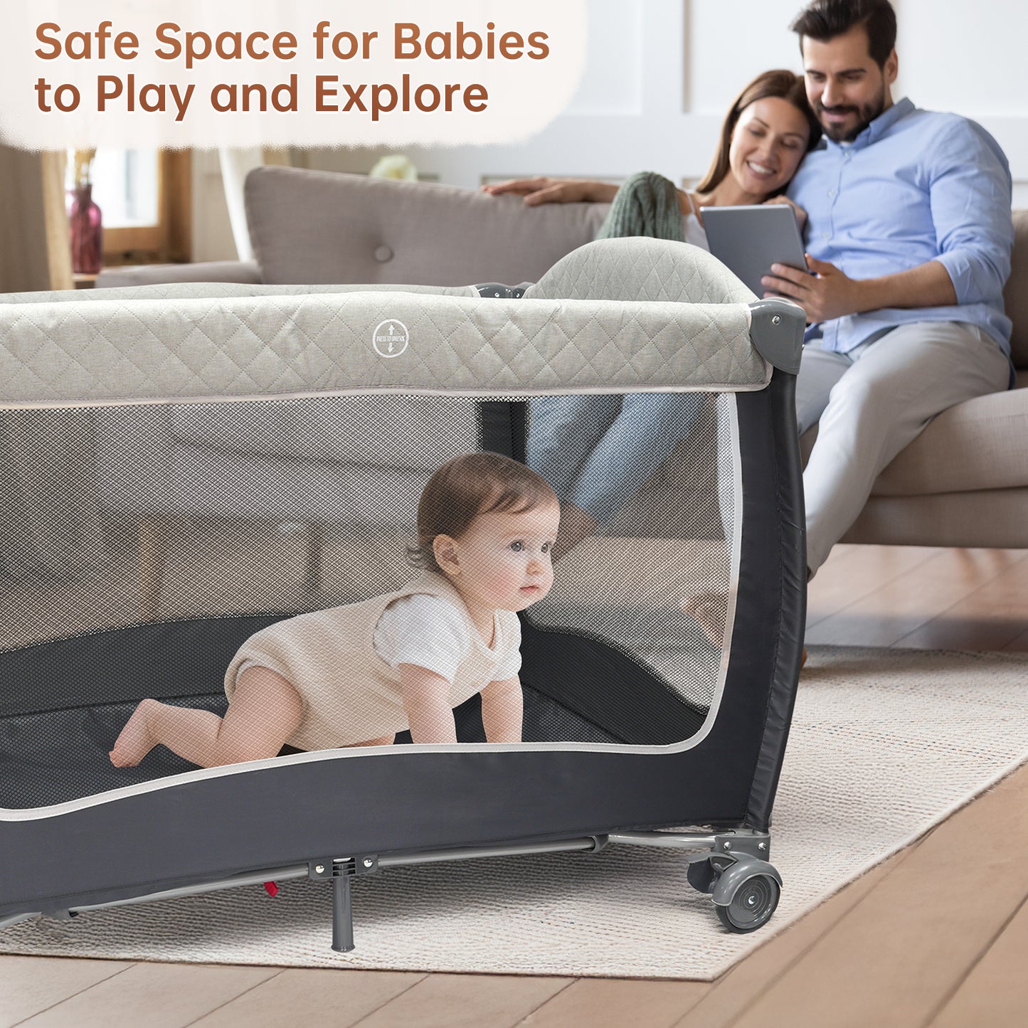 Vipsafe 5-in-1 Unisex Portable Baby Playard with Wheels Canopy Changing Table & Storage Bag, Grey