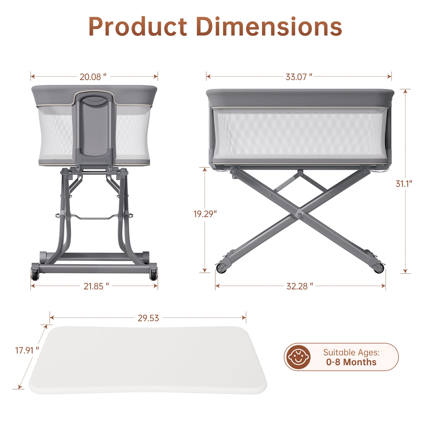 Vipsafe Baby Bassinet, Adjustable Bedside Sleeper for 0-6 Months Baby, Breathable Mesh with Wheels, Gray