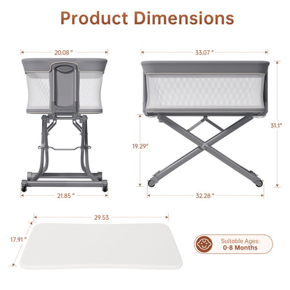 Vipsafe Baby Bassinet, Adjustable Bedside Sleeper for 0-6 Months Baby, Breathable Mesh with Wheels, Gray