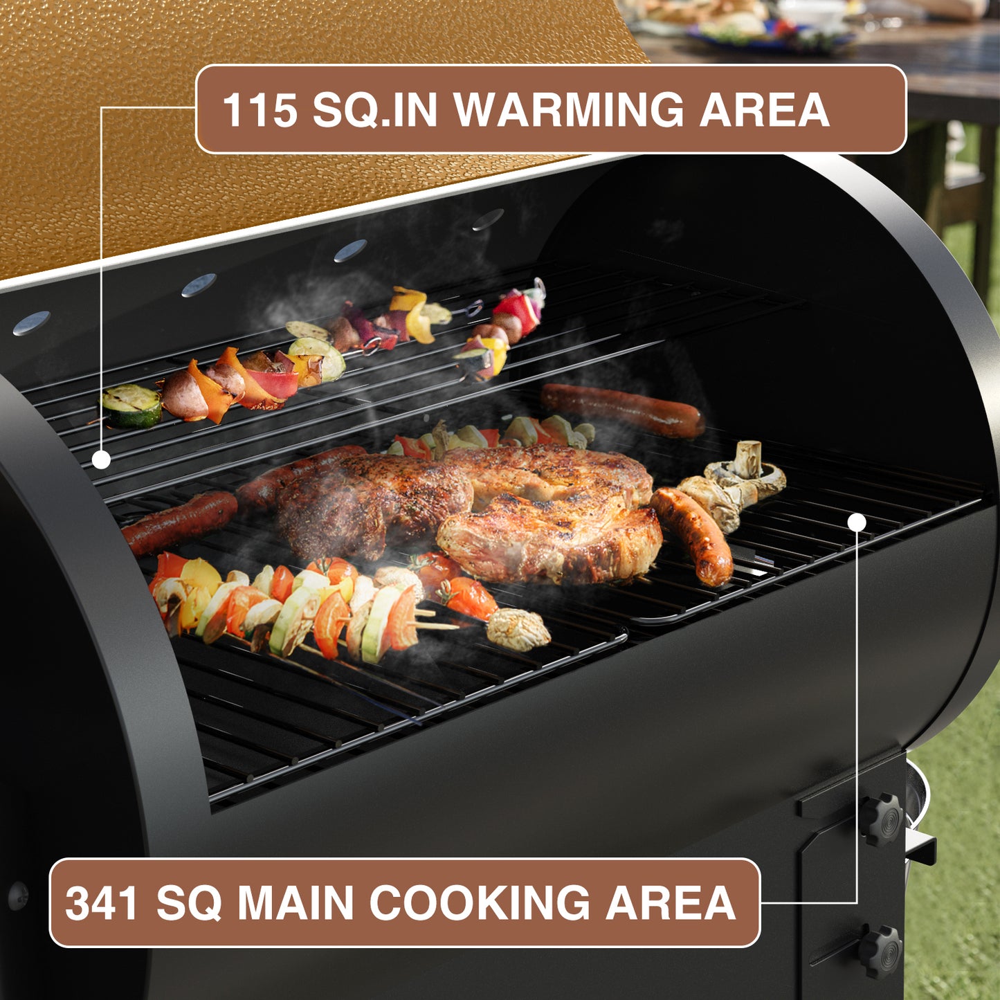 KingChii 456 sq. in Wood Pellet Smoker & Grill BBQ with Auto Temperature Control, Folding Legs for Outdoor Patio RV, Yellow-brown